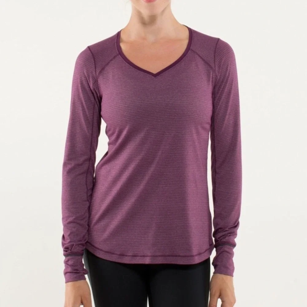 Lululemon Womens L Race Me Long Sleeve Top Heathered Plum V-Neck Athletic Yoga